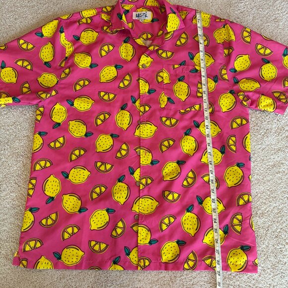 Uzzi Pink with Yellow Lemons Hawaiian Short-sleeve Shirt Top Medium - Picture 9 of 10